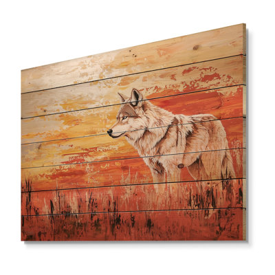 Loup au coucher du soleil dans le désert - Art mural moderne en bois sur bois de pin naturel