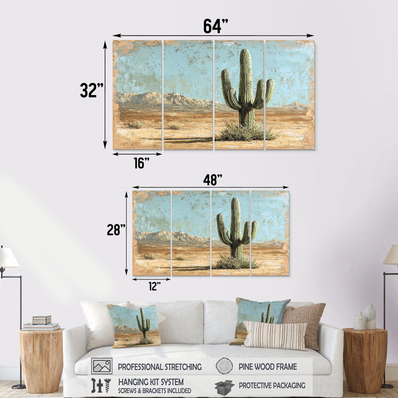 Cactus dans le désert I - Art mural floral cactus - Art mural traditionnel pour le salon, H 28 po x l 48 po, 4