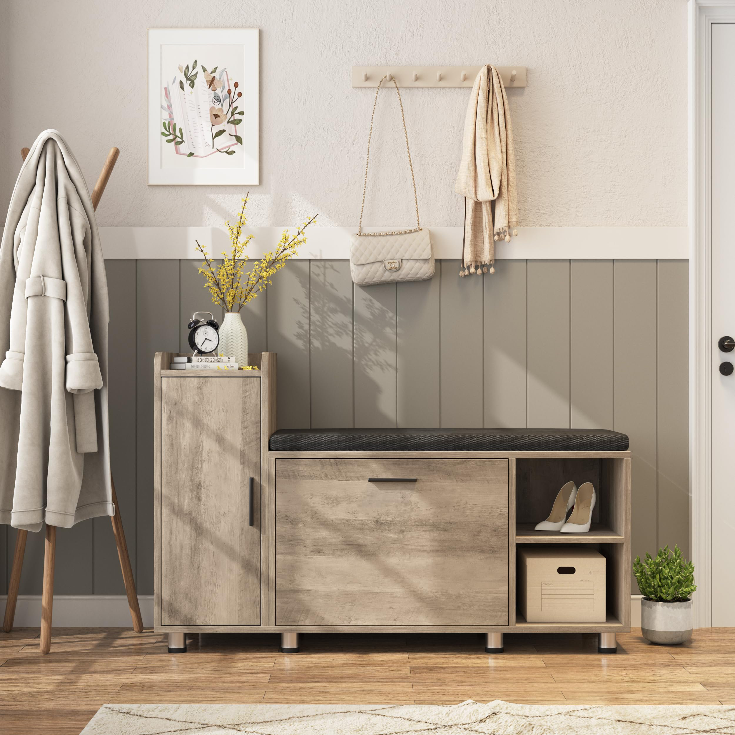 Shoe Storage Bench With Flip Drawer Shoe Cabinet - Gray