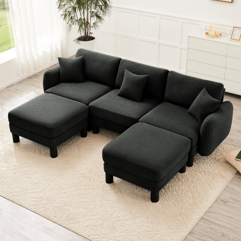 Canapé modulaire 3 U en forme de U gris foncé avec revêtement en tissu bouclé, fabrication et pieds cylindriques pour un espace personnel distinctif, système de suspension à 2 ressorts mobiles avec système de ressorts