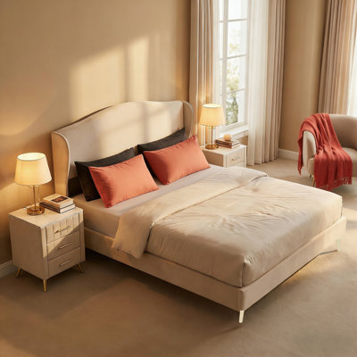 Ensemble de chambre à coucher 3 pièces, lit plateforme tapissier avec tête de lit à oreilles et 2 tables de chevet avec 3 tiroirs et plan de travail à autocollants marbrés