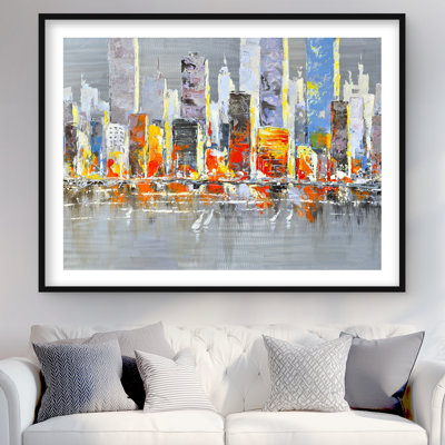 «Color Splash Cityscape», impression encadrée contemporaine bleue