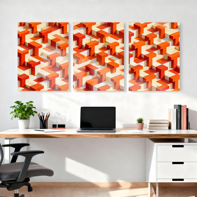 Motif géométrique orange et beige, ensemble de 3 reproductions d'art sur toile tendues sur toile