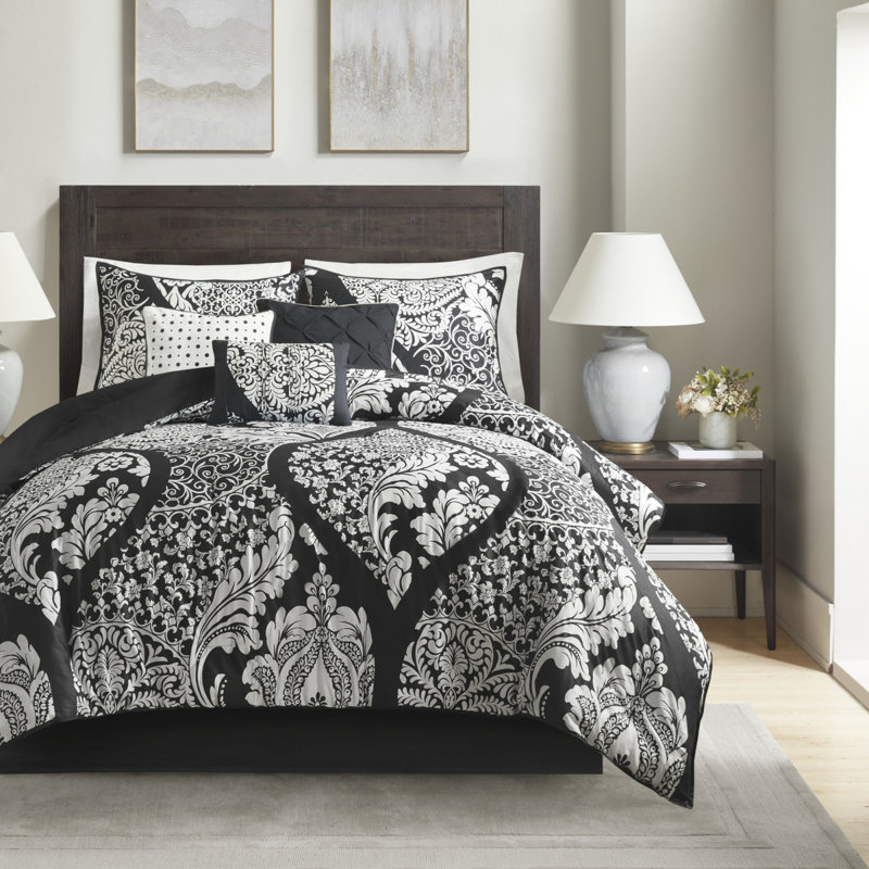 Ensemble d'édredon en coton Madison Park Vienna - motif damassé noir