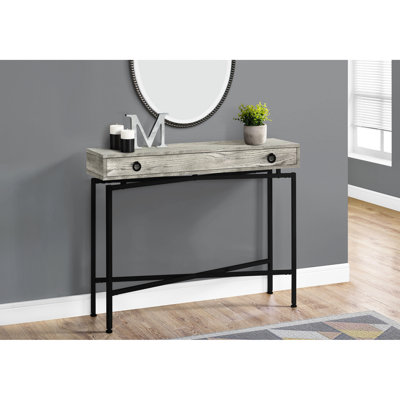 Console étroite avec stratifié gris - détails en métal noir, tiroir de rangement, salon moderne, mobilier de chambre à coucher