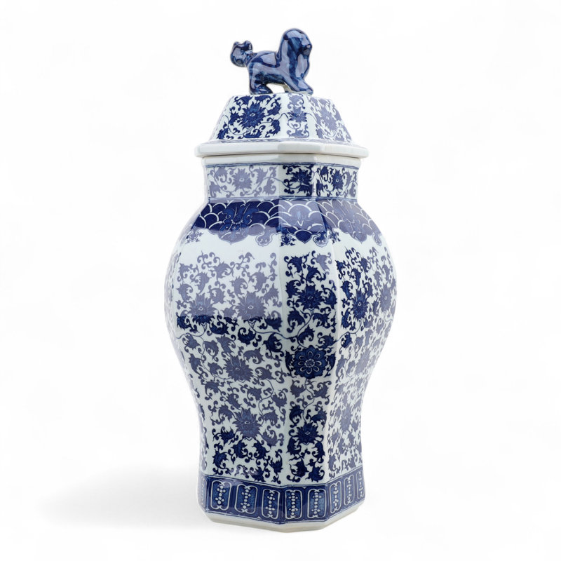 Blue and White Hexagonal Jar with Lid