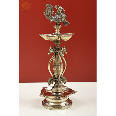 14" Handcrafted Brass Peacock Oil Lamp – Traditional Indian Samai Diya with 5 Wicks – Temple-Grade Gold Finish Home Décor