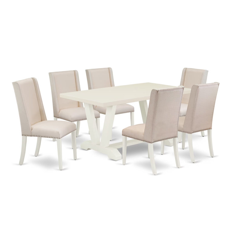 7-Pc a fantastic Linen White (Off-White) rectangular table top and 6 Cream Color Dining chairs with Nail heads and a high Stylish Chair Back, Wire Brushed Linen White