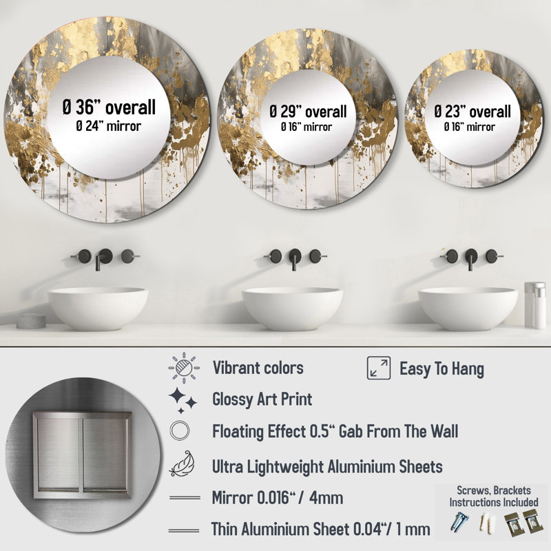 Modern Golden Drip - Abstract Mirror, Modern Unique Wall Mirror, Printed Metal Art, 29" x 29", Round