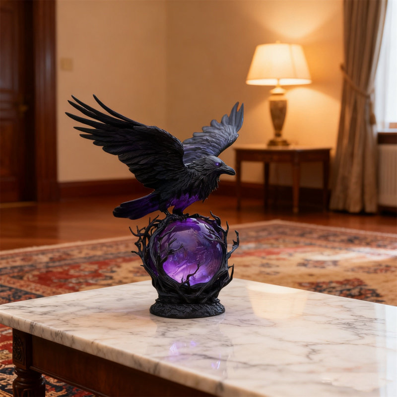 Le mystérieux corbeau à DEL sur la sculpture lumineuse de style gothique