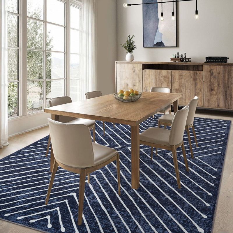 Tapis lavable moderne en polyester avec envers antidérapant, Bleu, 9 x 12 pi