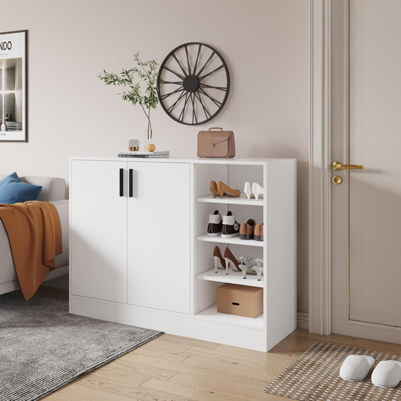 Hokku Designs Shoe Cabinet, 4-Tier Shoe Rack With Doors And Open Storage Shelf, Ivory White