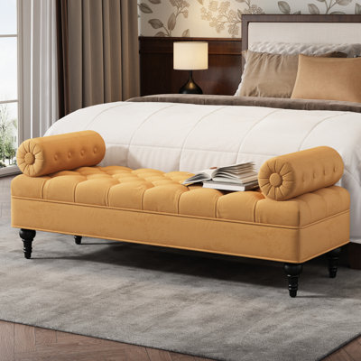 Banc jaune pour la chambre à coucher, le salon et le vestibule, revêtu de velours avec 2 coussins amovibles, style tendance, rembourrage en éponge à haute densité, structure en bois massif à l'extrémité du lit, confortable