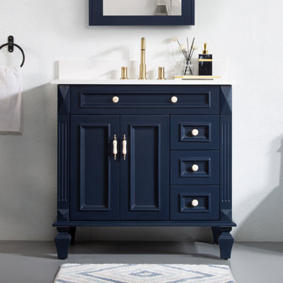 Meuble-lavabo en bois massif H 35 po x l 36 po avec comptoir en quartz Carrera résistant aux taches et lavabo simple