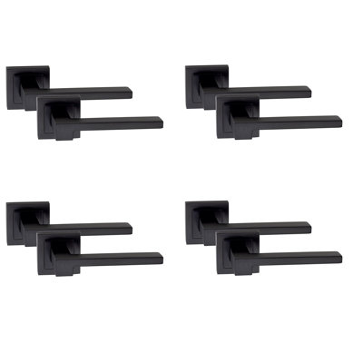 4 Pairs Rose Zeta Design Door Handles Lever Latch on Square Backplate in Matt Black Finish