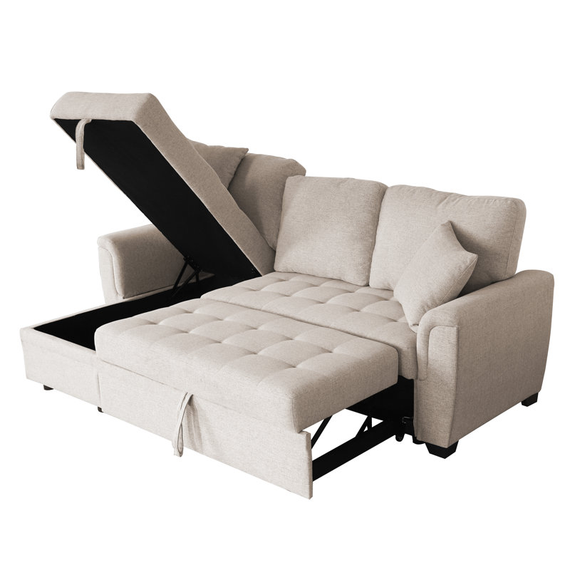 86" Wide Upholstered Sleeper Chaise Sectional, Beige 100% Polyester