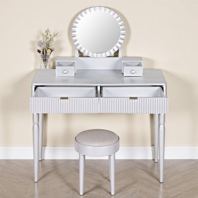 Luxury Vanity Table with Sunflower Mirror, Height-Adjustable Dressing Desk Set, 4 Storage Drawers & Padded Stool for Bedroom, Silver