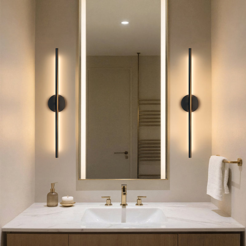 Set of 2 Black Linear Wall Sconces - 28.35 Inch Modern Cordless LED Wall Lights with Remote, Dimmable, Rechargeable Battery for Bedroom, Living Room (Matte Black, Round)