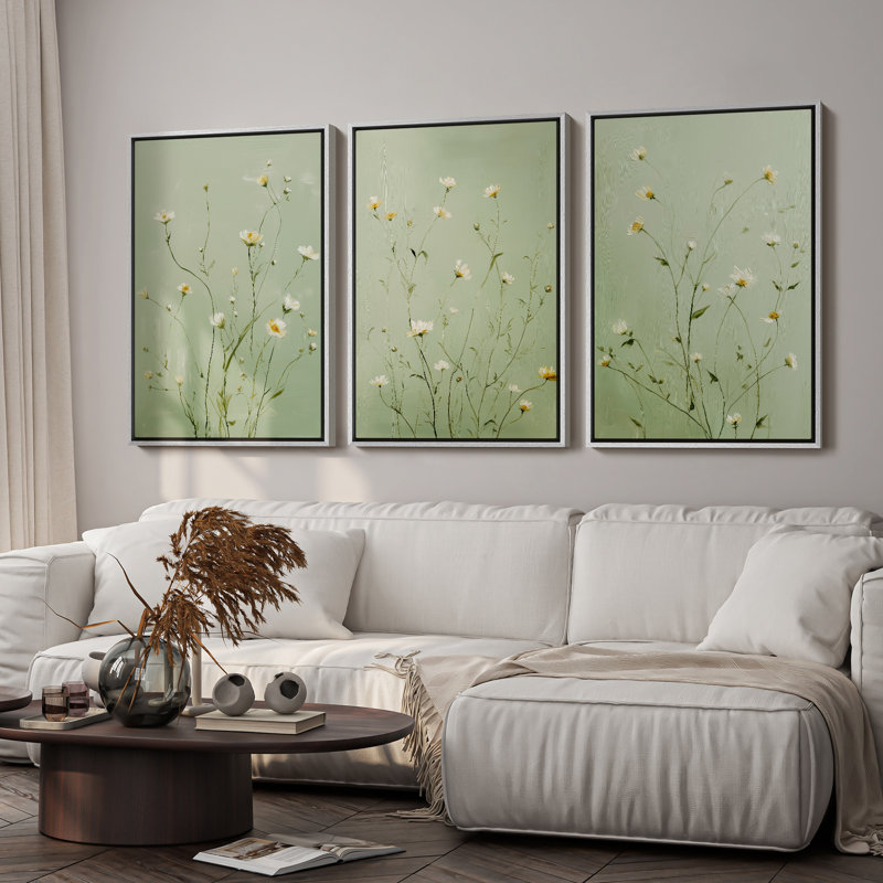 Impression murale délicate, fleurs sauvages blanches sur fond vert doux, botanique, 3 pièces, H 24 po x l 16 po, Blanc