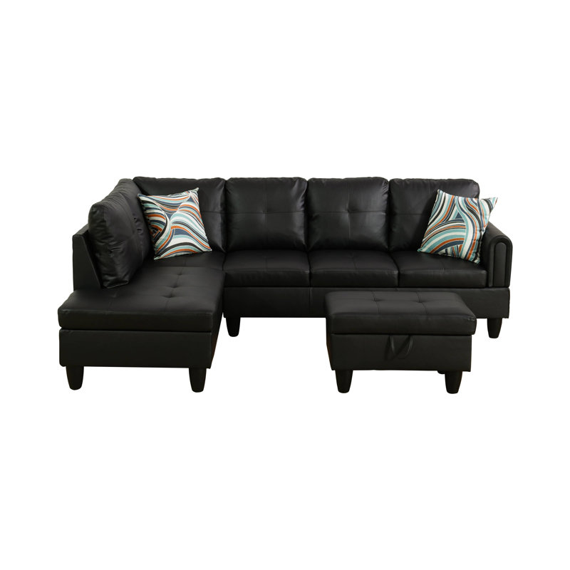 Black L shaped Upholstered Sectional, Black Polyester Blend, Left Hand Facing