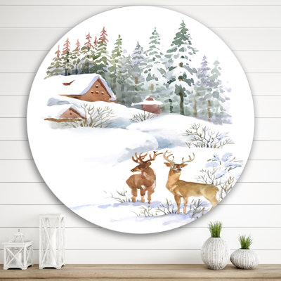 Hiver chalet avec deux cerfs