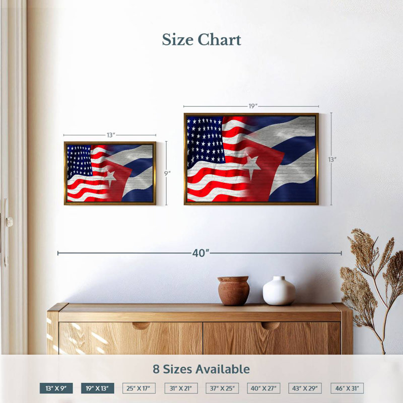 Drapeau américain et cubain, Cadre flottant doré, 19 po x 13 po