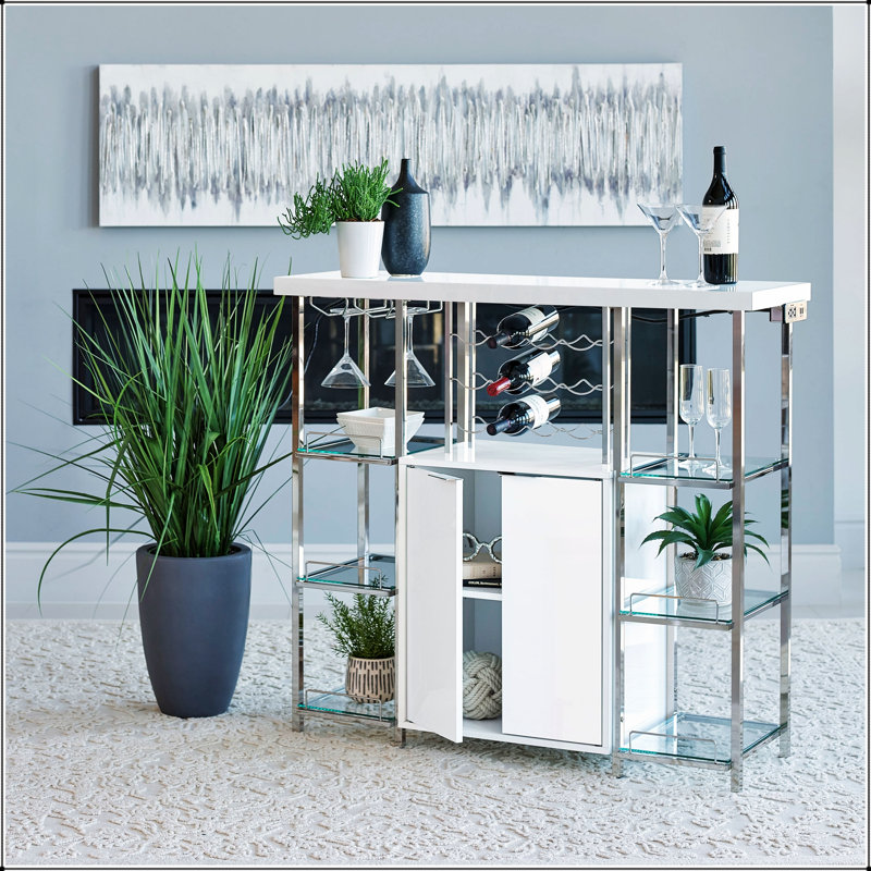 Armoire de bar blanche à 2 portes avec cadre chromé pour espaces de salle à manger modernes et raffinés