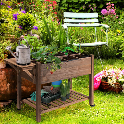 Raised Garden Bed With 8 Grids, Wheels & Storage, 49"X21"X34", Wooden For Veggies, Flowers, Herbs, Brown Plant Box Grids Wheels, Stand Folding Side Table,