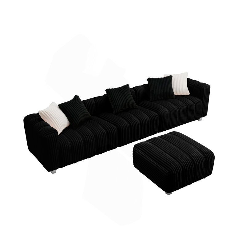 Canapé en velours côtelé avec repose-pieds et coussins Défino, Vert, 24.41" H x 114.17" W x 64" D