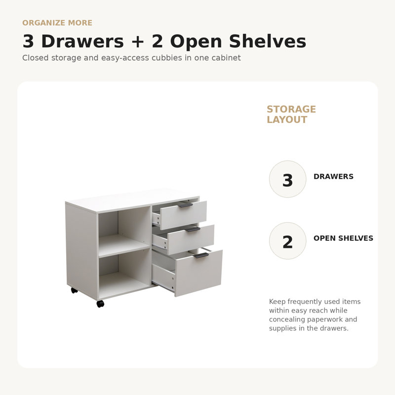 34.6" Wide Mobile 3-Drawer Filing & Storage Cabinet with Open Shelves, Suspension File Drawer and Casters