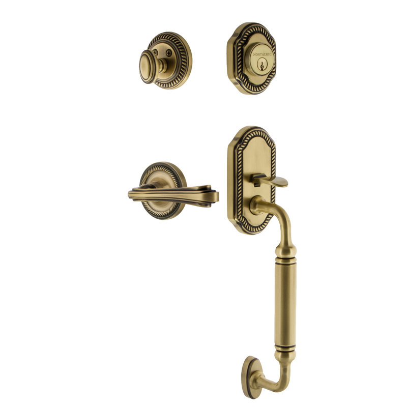 Nostalgic Warehouse Rope Rosette C Grip Handleset with Single Cylinder Deadbolt and Fleur Lever, 2 3/4", Antique Brass, Right
