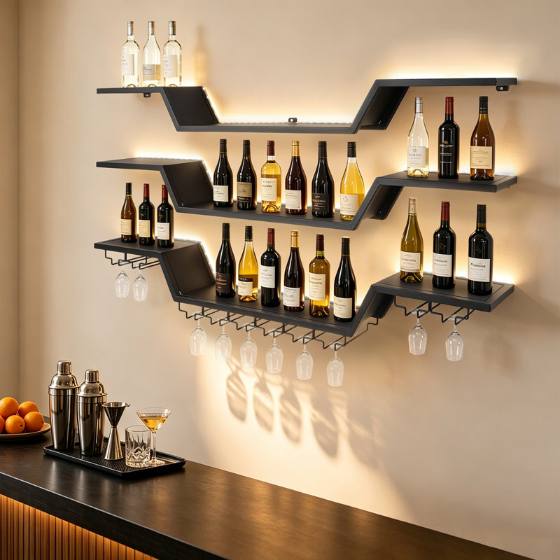 Wall Mounted LED Wine Rack 3-Tier Floating Wine Shelf with Light for Home, Bar, and Restaurant