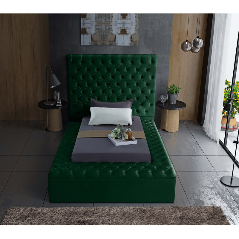 Lit plateforme tapissier avec rangement Johnnay, Simple, Velours vert