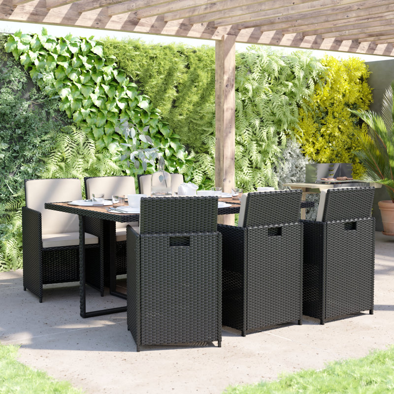 7 Piece Outdoor Patio Dining Set with Acacia Table & 6 Wicker Chairs, Brown
