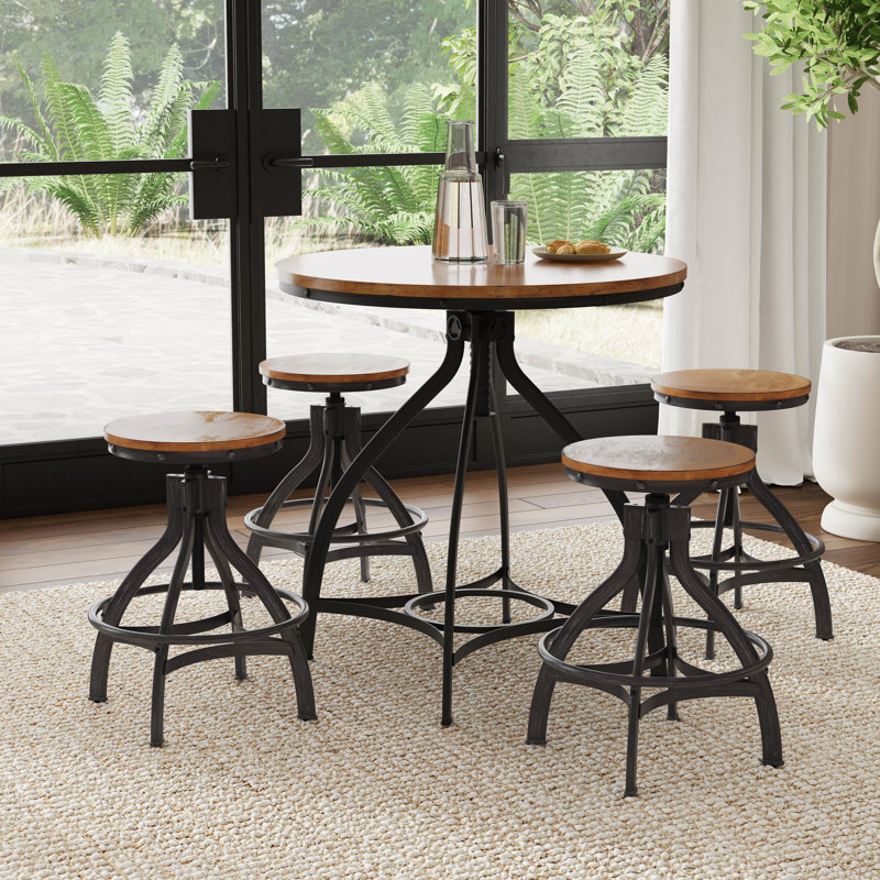 Kerome 5-piece Adjustable Round Bar Stool Set, Brown