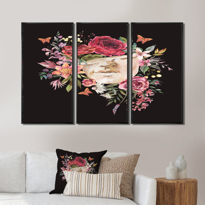 Sculpture rétro grecque avec fleurs séchées - reproduction de cadre flottant 3 pièces sur toile