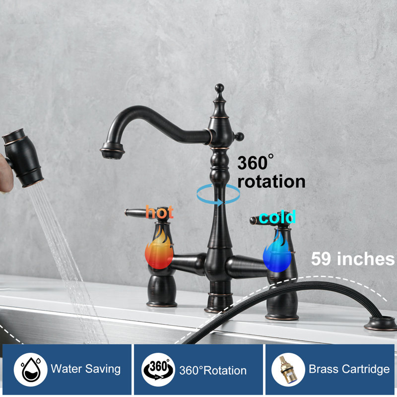 Double Handle Bridge Kitchen Faucet With Faucet-side Sprayer In Oil Rubbed Bronze, Oil Rubbed Bronze