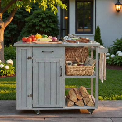 Outdoor Kitchen Island With Stainless Top, Towel, Spice Racks, Cabinet, Open Storage Space And Drawer