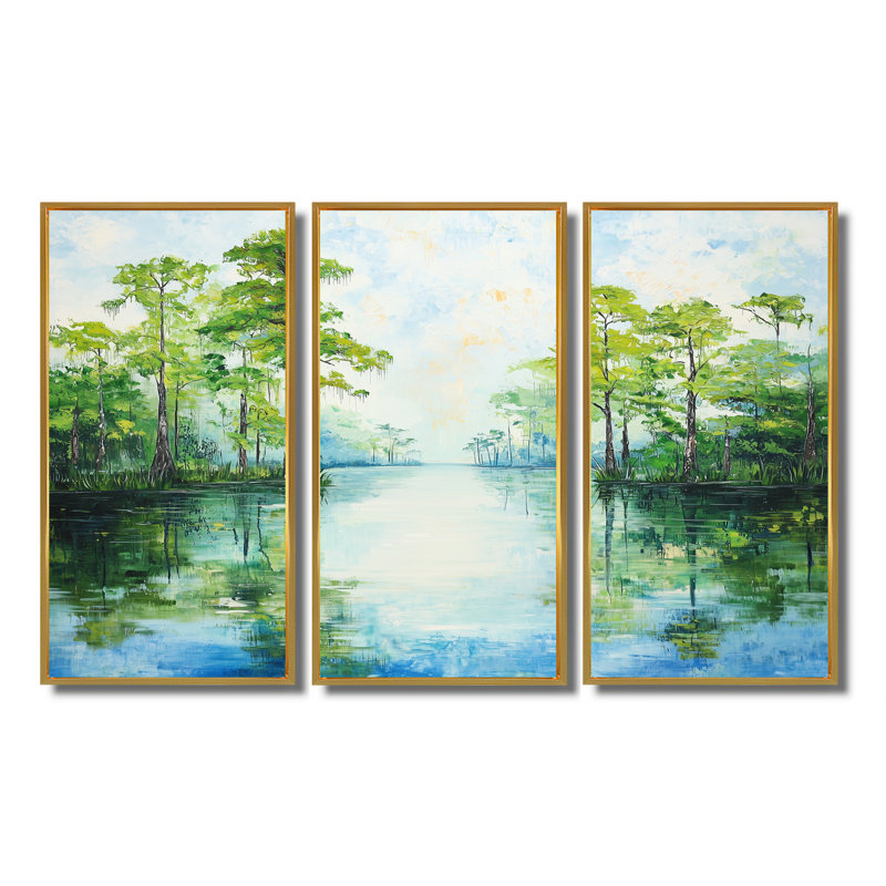 Ensemble de décorations murales Caddo Lake - Texas, Reproduction avec cadre flottant, H 28 po x l 36 po, Doré