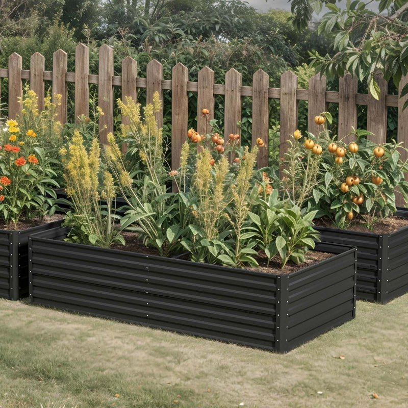 Set of 2 Metal Raised Garden Bed, 180x90x54cm, 58cm H x 180cm W x 90cm D, Black