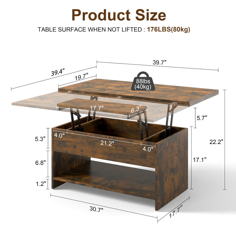 Agnes 4-In-1 Lift-Top Coffee Table With Hidden Storage for Living Room, Dining Room, Brown