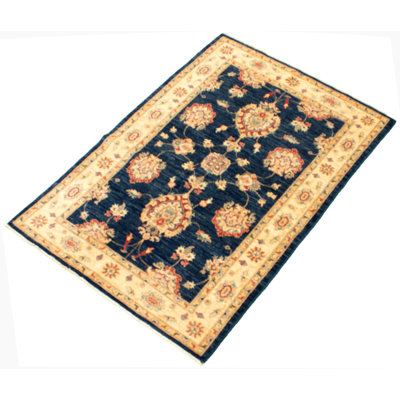 Tapis bleu marine en laine noué à la main de conception unique 4 pi 0 po x 6 pi 6 po Gytte New Age