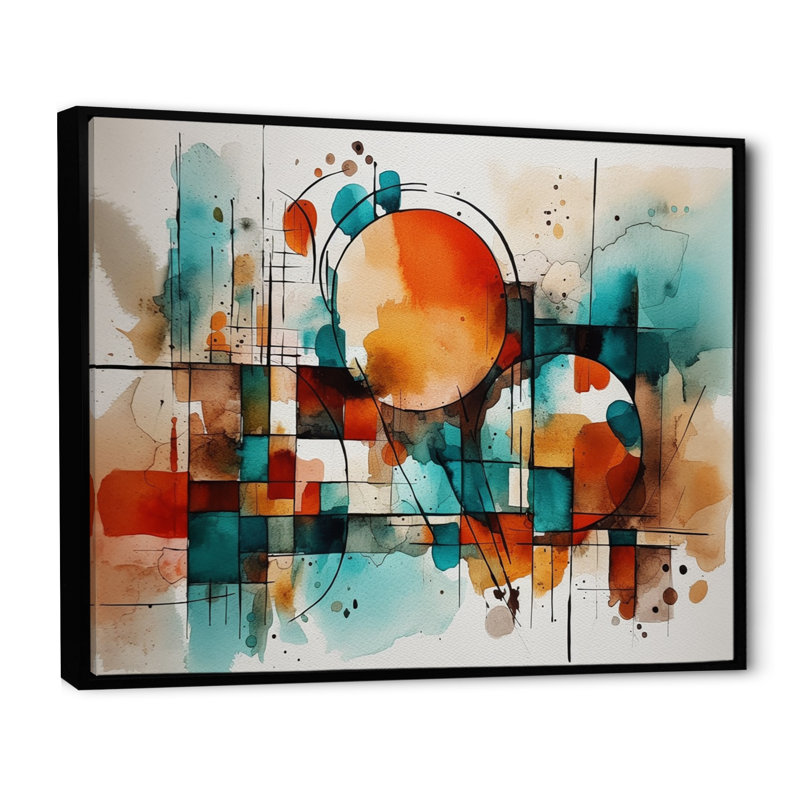 Orange orange géométrique - art mural abstrait géométrique, H 34 po x l 44 po x P 1,5 po, Cadre flottant noir