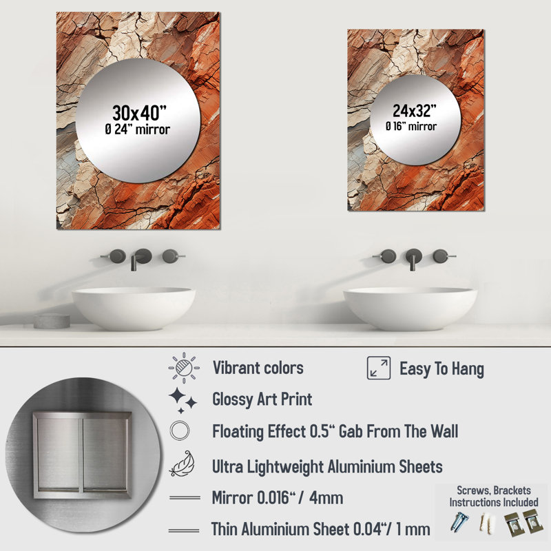 Earth Minimalist Fossils III - miroir décoratif abstrait, miroir mural orange, impression sur métal, 40 po x 30 po
