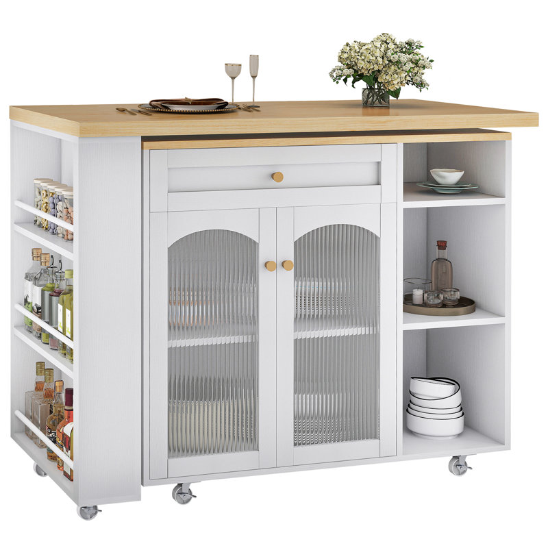 Kitchen Island with Storage on Wheels, Kitchen Cart Table Storage Cabinets, White, White