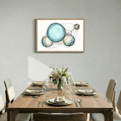"Blue and Cream" aquarelle sphères reliées par des lignes, art mural sur toile