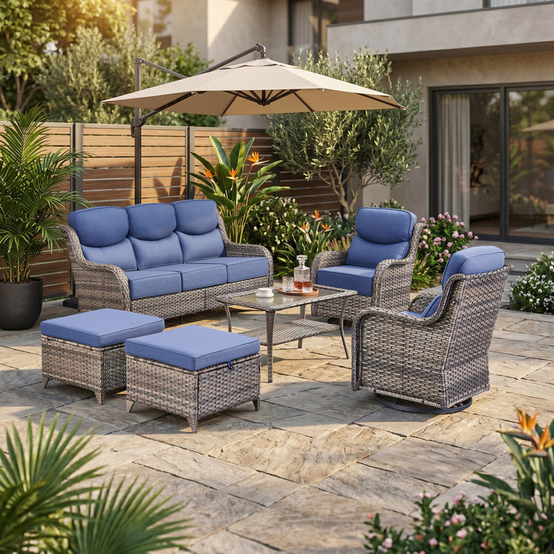 Wickes Haven 6-Pieces PE Wicker Outdoor Patio Conversation Set With 6" Thickness Cushions, Blue, Gray