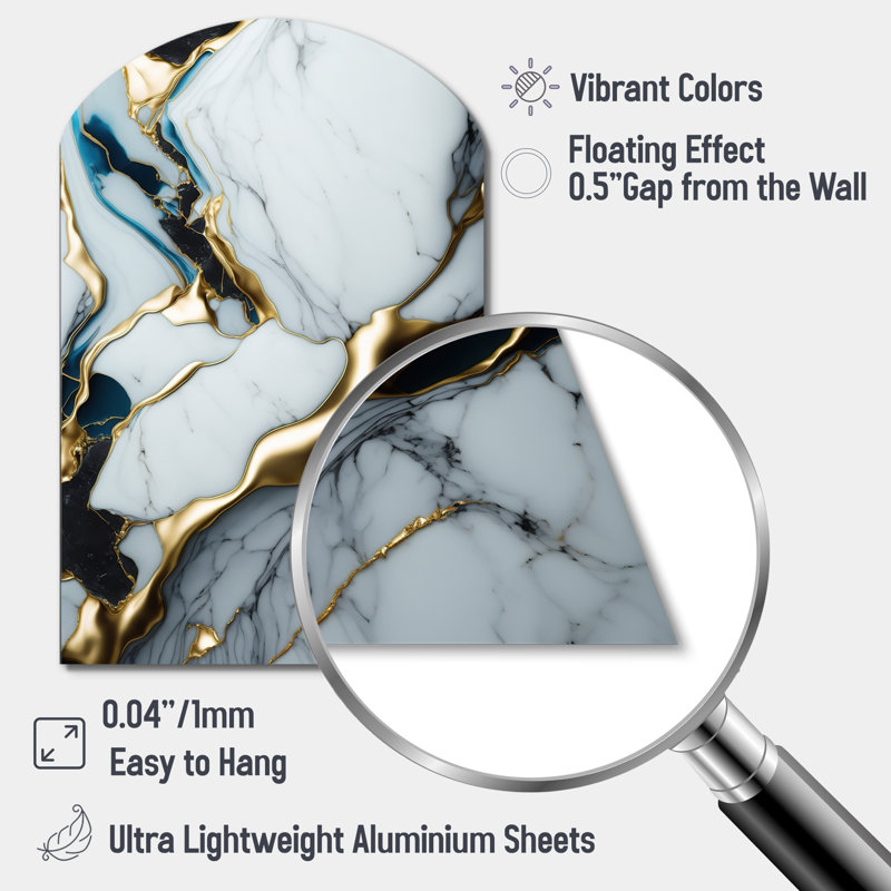 Abstract Geode Gold And White Marble II - Abstract Marble Arch Shape Irregular Metal Wall Decor, 34" H x 25" W x 1" D
