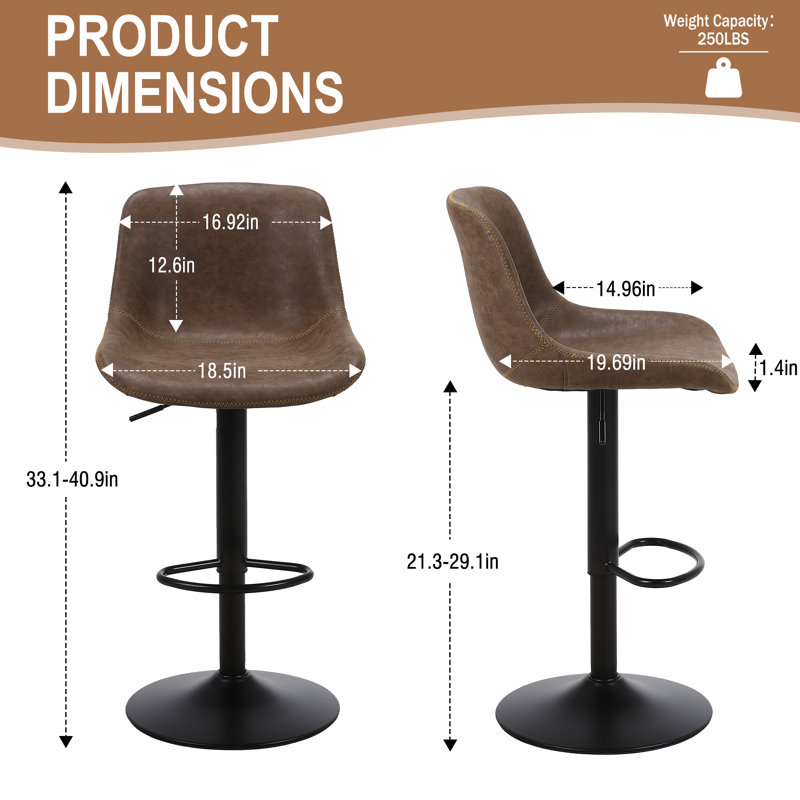 Swivel Upholstered Adjustable Height Counter Stool with Metal Frame, Brown, 2