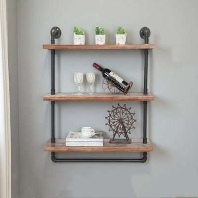3 Tier Industrial Pipe Shelf Rustic Wood Floating Shelves,Wall Display Bookshelf,Storage Rack Sundries Holder For Kitchen Office Bathroom Organization And Home Decor (24Inch)